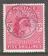 1902 5/- Deep Bright Carmine SG 264 A Superb Used example