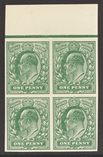 1902 1d Imperf Plate Proof in Green A Fresh marginal Block of 4