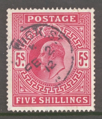 1911 5/- Carmine SG 318. A Very Fine Used example in a Deep Shade