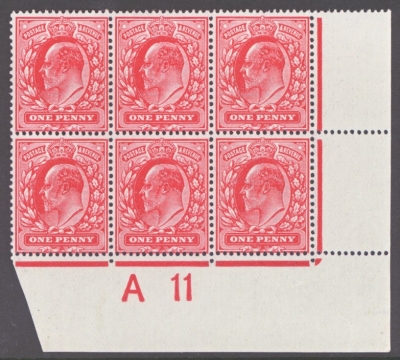 1911 1d Rose Carmine Perf 15x14 SG 281 A Superb Fresh U/M block of 6 with A11 control. (M/M in margin)