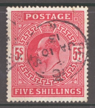 1911 5/- Carmine SG 318  A  Very Used well centred example.