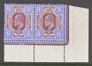 1911 9d Deep Dull Reddish Purple + Deep Bright Blue SG 306a.  A Superb Fresh U/M Corner Marginal pair with Date Cut