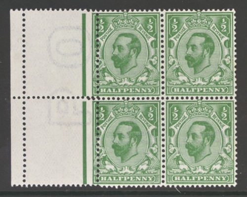 1911 ½d Green SG  A Marginal  U/M Block of 4 with left hand vertical perfs misplaced resulting in 2 narrow stamps