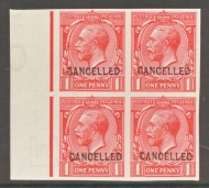 1912 1d Scarlet Imperf + Overprinted Cancelled. A Superb Fresh U/M Marginal Block of 4. Cat £360 as M/M