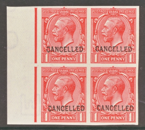 1912 1d Scarlet Imperf + Overprinted Cancelled. A Superb Fresh U/M Marginal Block of 4. Cat £360 as M/M