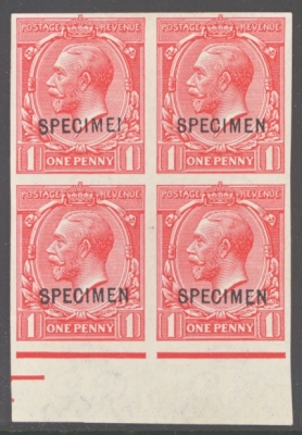 1912 1d Scarlet SG 357 A Fresh U/M Imperf marginal block of 4 overprinted Specimen Type 26