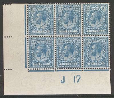 1912 10d Turquoise Blue SG 394. A Fresh U/M corner Control  Block of 6