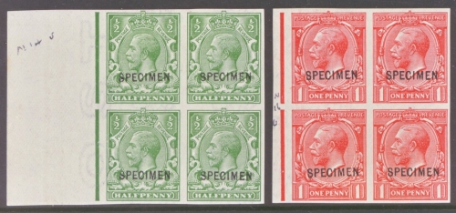 1912 ½d Green + 1d Scarlet Imperf Blocks of 4 overprinted Specimen Type 26. Cat £720