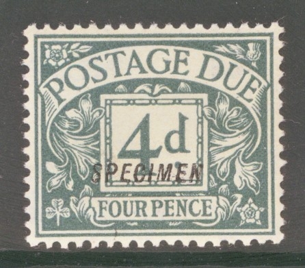 1914 Postage Due 4d Grey Green overprinted Specimen SG D6s  A Fresh U/M example