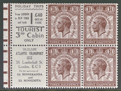 1929 1½d PUC Booklet pane with advertising labels. SG 436b  Fresh U/M