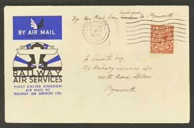 1934 20th Aug 1st UK Air Mail by Railway Air Services Ltd - Liverpool - Plymouth