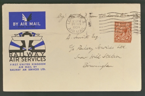 1934 20th Aug 1st UK Air Mail by Railway Air Services Ltd - London - Birmingham