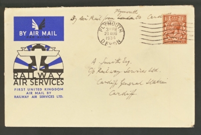 1934 20th Aug 1st UK Air Mail by Railway Air Services Ltd - Plymouth - Cardiff