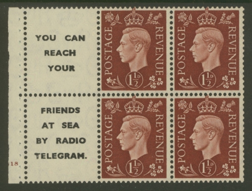 1937 1½d Red Brown x 4 + 2 Labels booklet pane Cyl G18 with Upright watermark. SG 464b  A Fresh M/M example with Good Perfs.