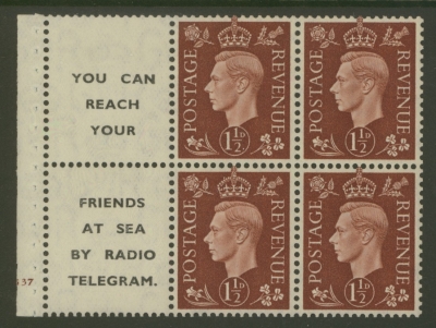 1937 1½d Red Brown x 4 + 2 Labels booklet pane Cyl G37 with Upright watermark. SG 464b  A Fresh U/M example with Good P…