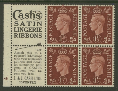 1937 1½d Red Brown x 4 + 2 Labels booklet pane Cyl G46 with Upright watermark. SG 464b  A Fresh example with Good Perfs…