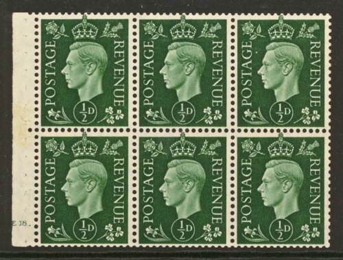 1937 ½d Green Booklet pane of 6 with E18 Cyl