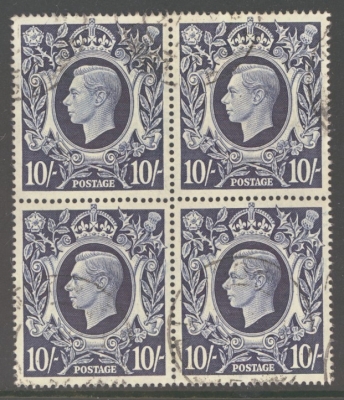 1939 10/- Dark Blue SG 478 A Very fine Used Block of 4