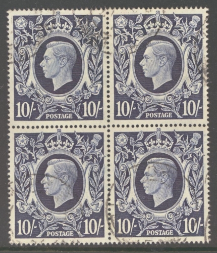 1939 10/- Dark Blue SG 478 A Very fine Used Block of 4