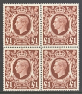 1939 £1 Brown SG 478c Fresh U/M Block of 4