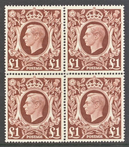 1939 £1 Brown SG 478c Fresh U/M Block of 4