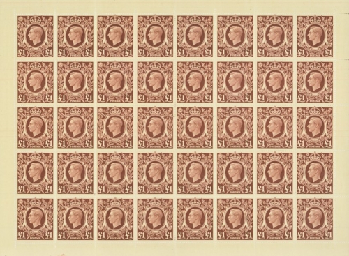 1939 £1 Brown SG 478c A Fresh Unmounted Mint Sheet of 40