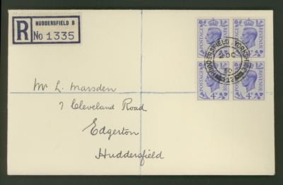 1950 2nd Oct 4d Ultramarine  Block of 4 on plain FDC cancelled by a Huddersfield CDS.