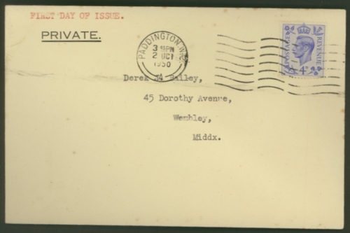 1950 2nd Oct 4d Ultramarine  on plain FDC typed address cancelled Paddington machine cancel