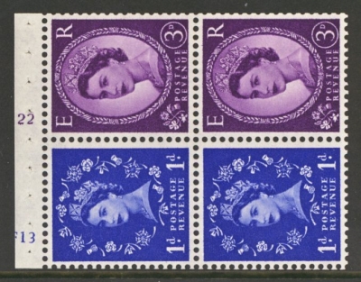 1958 1d/3d Se-tenant booklet pane with F13/K22 cylinder. Fresh U/M