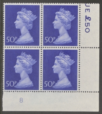 1970 50p Ultramarine on Thin Uncoated Paper SG 831ea A Fresh U/M Cylinder 8 Block of 4