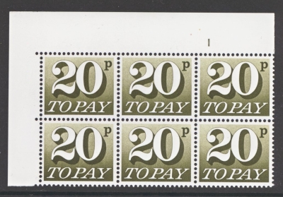 1970 20p Olive Brown SG D86 Cylinder 1 Block of 6 