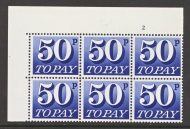 1970 50p Blue SG D87 Cylinder 2 Block of 6 