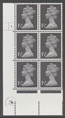 1971 1½p Black SG  X848 variety Missing Phosphor.  A Fresh U/M Cylinder Block of 6