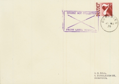 1974 7p To Pay on cover cancelled on the First Day of Issue with Dumfries CDS + Charge Not Collected