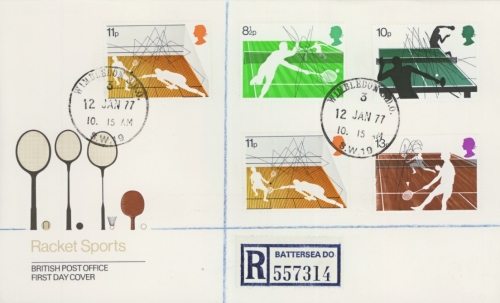 1977 Rackets on PO cover with Wimbledon CDS. Cat £300