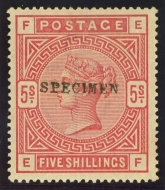 1883 51- 5/- Rose SG 180 overprinted specimen Type 11. 