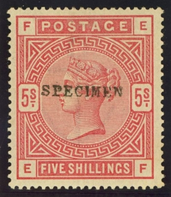 1883 51- 5/- Rose SG 180 overprinted specimen Type 11. 