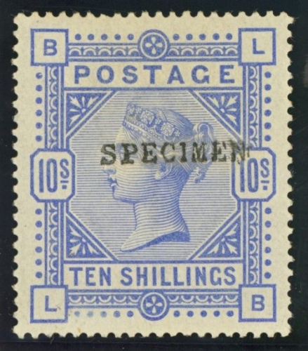 1883 10/- Ultramarine overprinted specimen SG 183. 