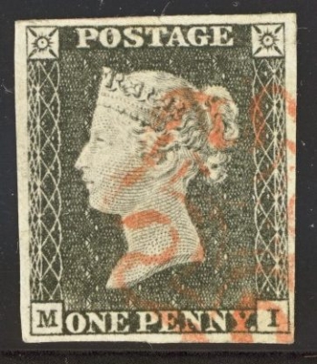 1840 1d Grey Black (very worn plate) SG 3 Plate 1a M l. 