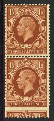 1934 1½d Brown SG 441 variety misperf. 1 extra long stamp + 1 normal