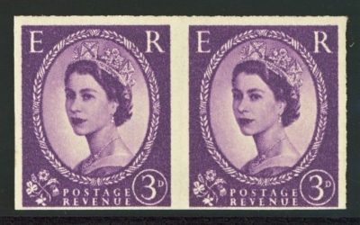 1958 3d Lilac Variety Imperf Pair ex Booklet Pane SG 575v. A fresh U/M pair. Scarce