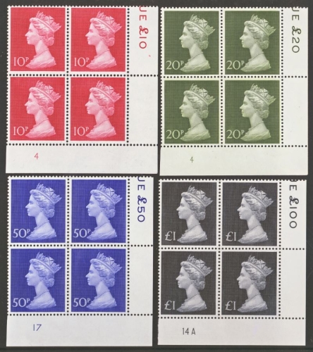 1970 10p - £1 Machin set of 4 in cylinder blocks of 4