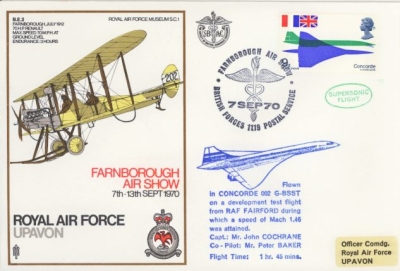 1970 7th Sep Farnborough Air Show - Concorde test flight from RAF Fairford with Blue cachet 