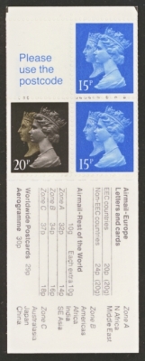 50p Aircraft 2 Booklet FB 56 1d Black anniv stamp phosphor shift gives 2 narrow bands on bottom 15p