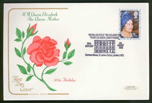 1980 Queen Mums 80th on Cotswold cover Clarence House FDI