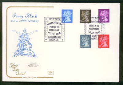 1990 1d Black Anniv on Cotswold cover Perkins Bacon London FDI