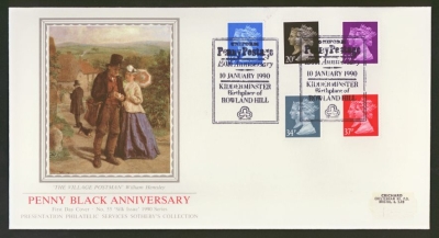 1990 1d Black Anniv on PPS Silk cover Rowland Hill Kidderminster FDI