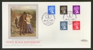 1990 1d Black Anniv on PPS Silk cover Postal Museum London EC FDI 