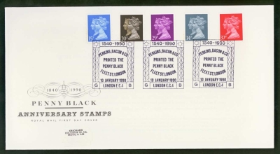 1990 1d Black Anniv on Post Office cover Perkins Bacon London FDI