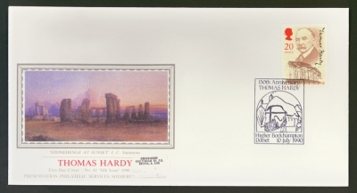 1990 Thomas Hardy on PPS Silk cover 150th Anniv Bockhampton FDI